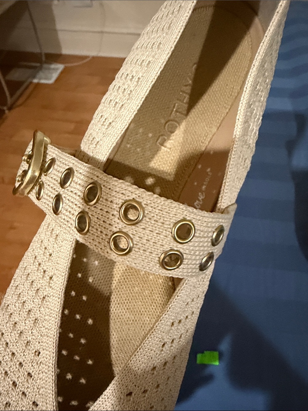 Rothy's Cream Eyelet Mary Jane with Gold Grommet Strap
